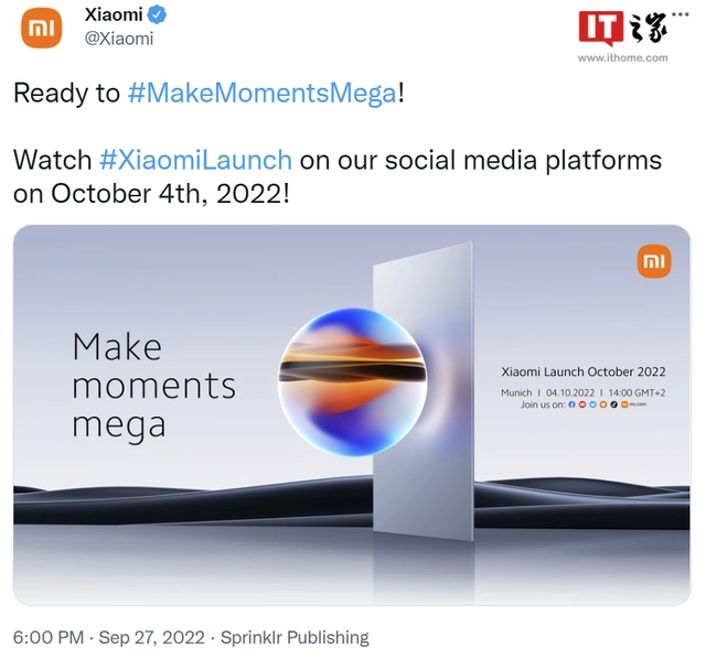 小米將于10月4日舉辦海外發(fā)布會，預計發(fā)布12T/Pro機型